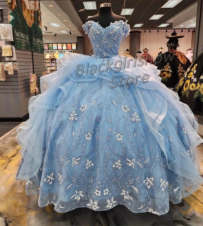 Sukienki niebieska koronka Quinceanera dla dziewczynek z odkrytymi ramionami aplikacje z koralikami Plus rozmiar wieczorowe suknie na imprezy urodzinowe