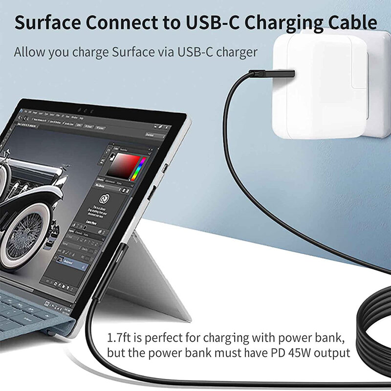 Kabel pengisian daya USB-C 15V/3A, kompatibel dengan Surface Pro 7/6/5/4/3 Go3/2/1 Laptop4/3/2/1 kabel pengisian daya melalui pengisi daya PD 45W