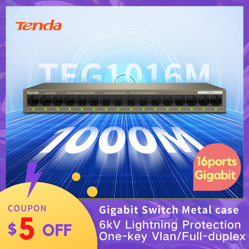Tenda Gigabit Switch Ethernet TEG1016M Switch POE Desktop in metallo a 16 porte Switch POE Gigabit di rete a 5 porte ethernet per l'home Office