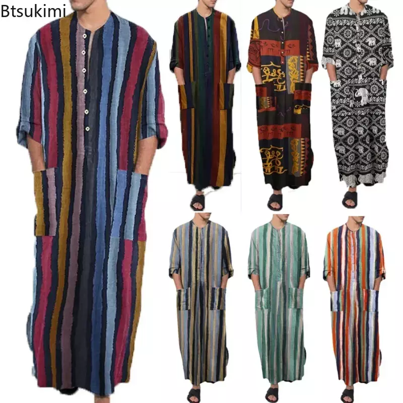 Męska koszula nocna szaty arabska koszula w paski odzież etniczna z długim rękawem Retro Kimono House spódnica bawełniany szlafrok bielizna S-5XL
