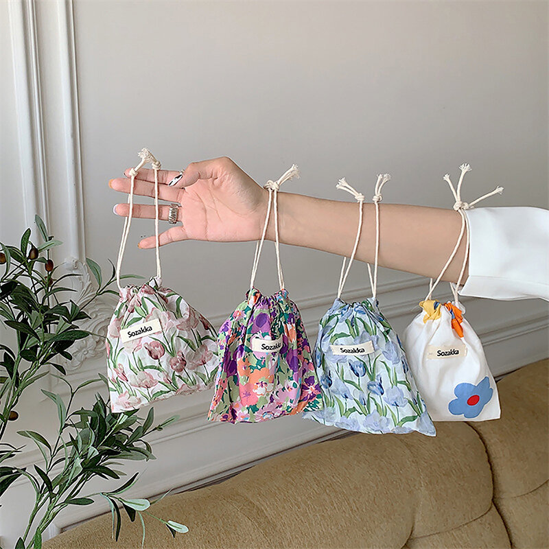 1 buah tas tangan penyimpanan dompet koin lipstik kosmetik perjalanan Floral kain lucu tas kantung kecil Organizer dompet wanita