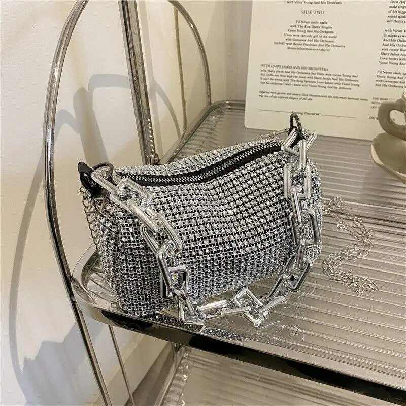 Allover-Bolso de cubo con diamantes de imitación para mujer, Mini bolso cruzado con cadena de purpurina para baile de graduación, 6,3x3,54 pulgadas