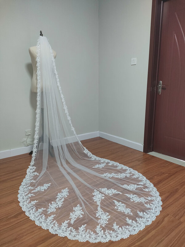 Velo de novia de la catedral con foto Real, alta calidad, blanco marfil, encaje, accesorios de boda, 3m