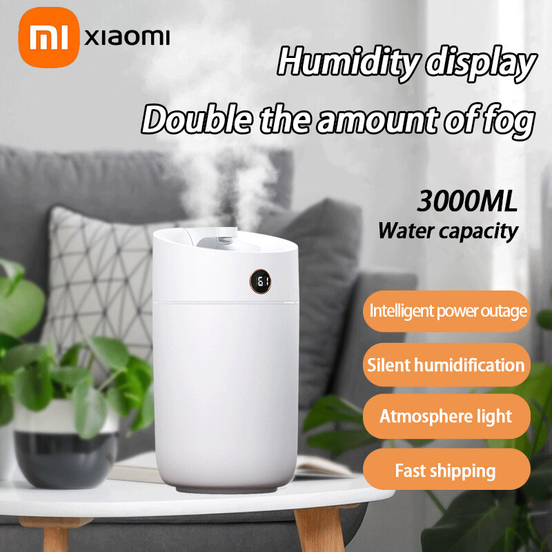 2024 New Xiaomi 3000ML Humidifier Temperature Display Dual Spray Large Capacity Air Humidifier Ambient Light Mute Humidification