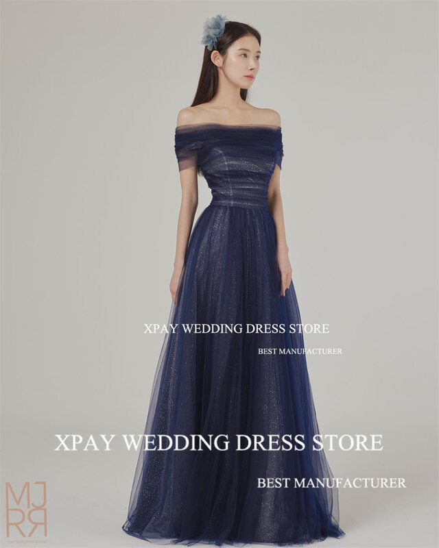 Xpay-ネイビーブルーのグリッターイブニングドレス、肩のオフ、結婚式の写真の撮影、レースアップバック、ライン、背中の開いたプロムドレス、床の長さ