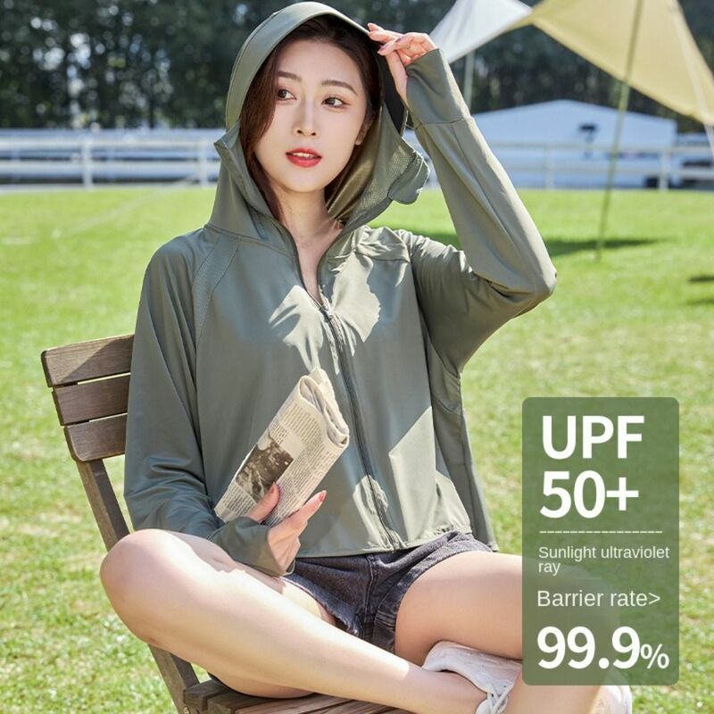 Jaket pelindung matahari wanita, pakaian olahraga luar ruangan perlindungan UV tipis cepat kering lengan panjang musim panas