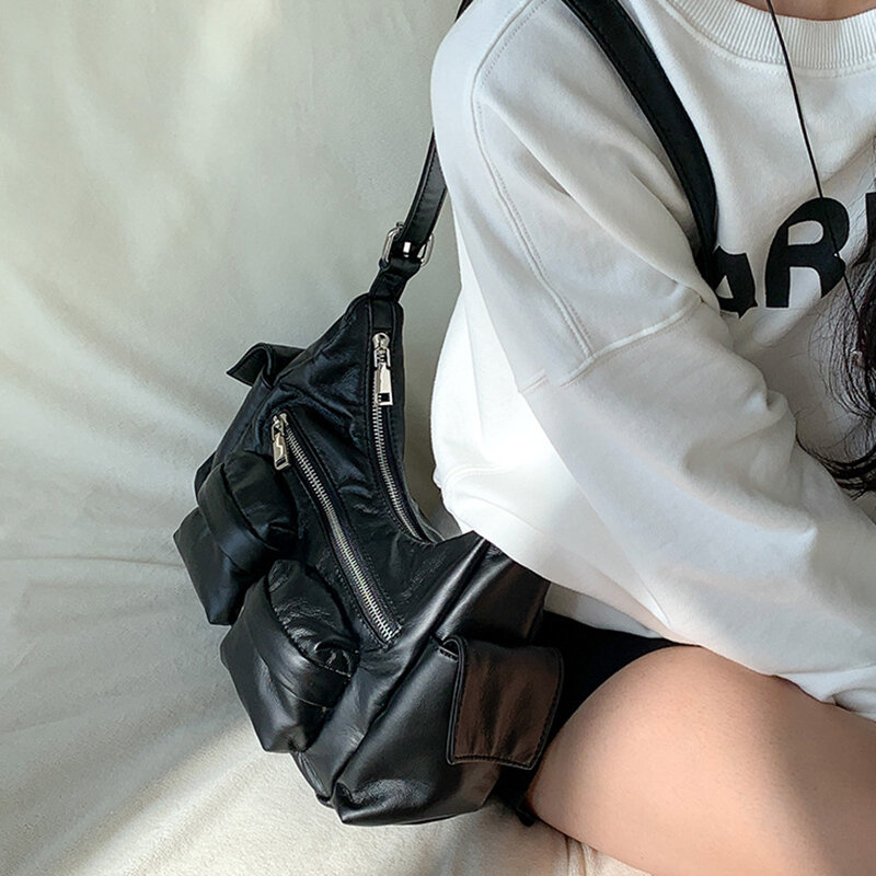 HAEX Y2K Silver Women Shoulder Bags Bright PU Punk Moto Style E Girl Messenger Bag Functional Multi Pockets Shoulder Bolso Mujer