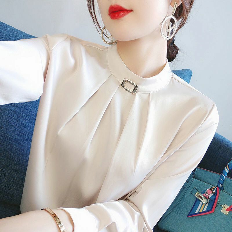 Blusa plisada de gasa para mujer, camisa de manga larga con cuello redondo que combina con todo, Color sólido, a la moda, para oficina, otoño, 2022