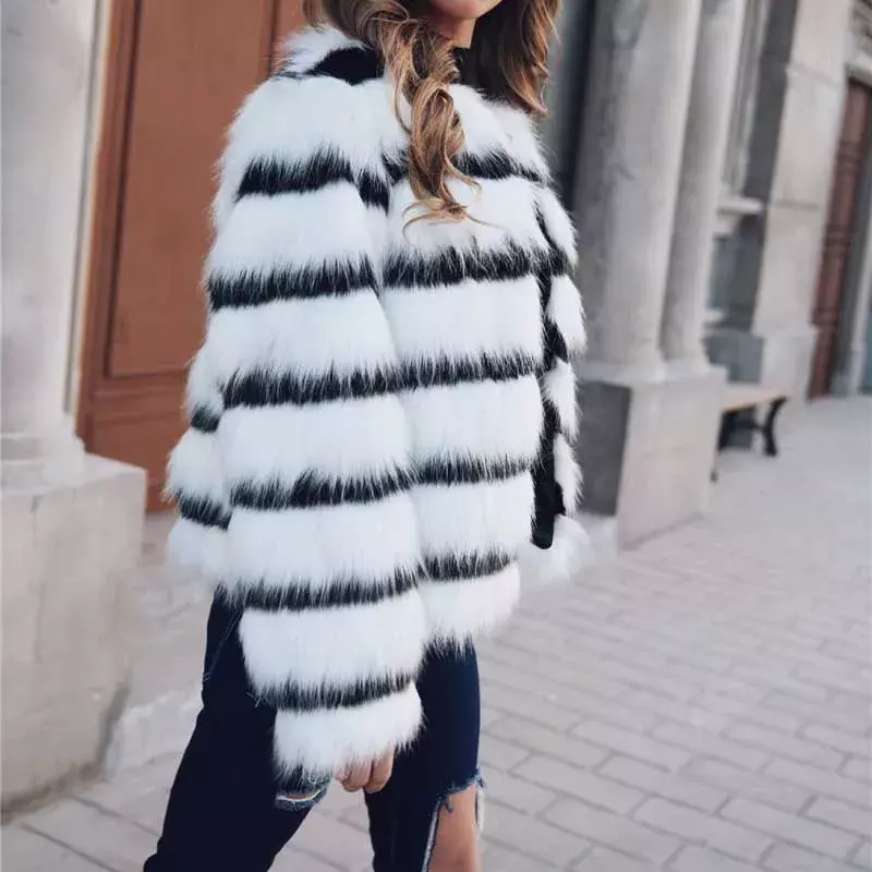 Mantel musim dingin wanita, mantel warna campur pendek leher bulat longgar garis hitam ukuran besar jaket bulu palsu baru