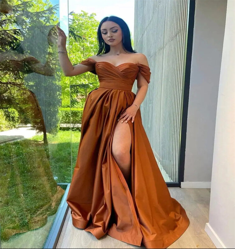 Shiyicey Simple Satin Sleeveless Evening Dresses Off Shoulder Elegant Sweetheart A Line with Side Slit Long Simple Prom Gowns