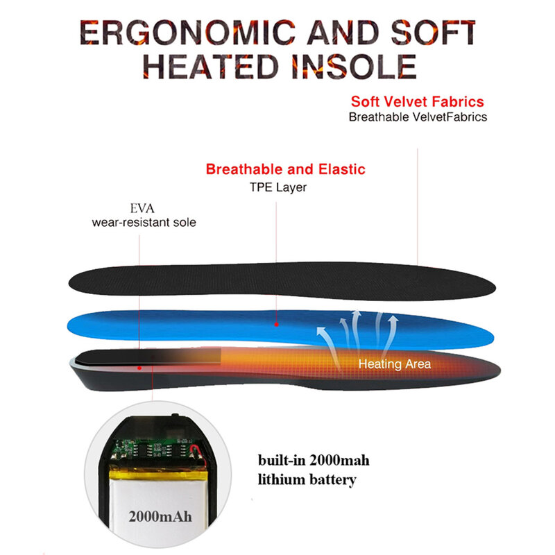USB carregamento inteligente aquecimento palmilha, controle remoto, ao ar livre, inverno