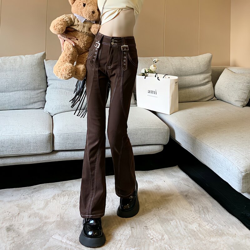 Jean évasé marron pour femme, pantalon taille haute, vintage, mode coréenne, streetwear Y2K, design fouet, bouton Piedmont, jambe large décontractée, fjk