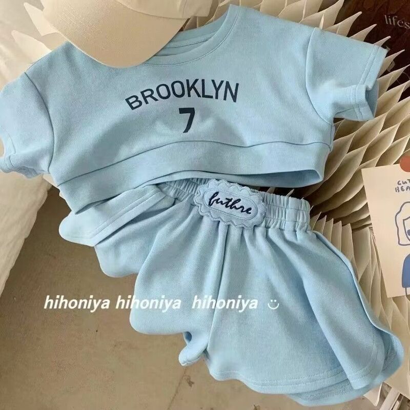 Baby Girls' Clothing Set Summer New Korean Children's Edition Foreign Cotton Short Sleeve T-shirt Shorts Two Piece Set
