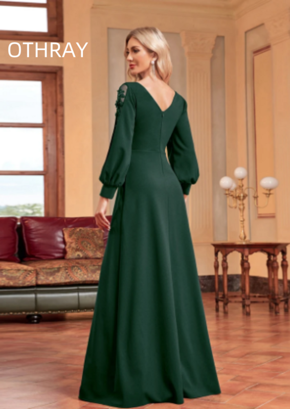 Women Elegant Weedding Party V-neck Cocktail Prom Luxury Applique Long Sleeves Floor Length Green Formal Evening Dress 2024