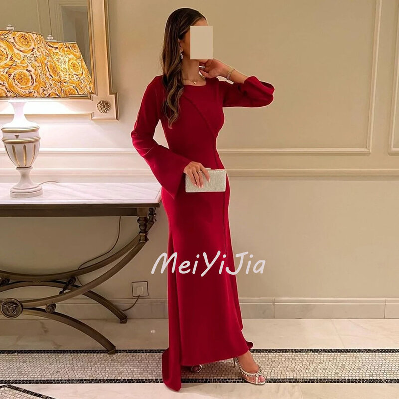 Meiyijia Abendkleid Saudi Perlen elegante Meerjungfrau Satin lange Ärmel Arabien sexy Abend Geburtstag Club Outfits Sommer
