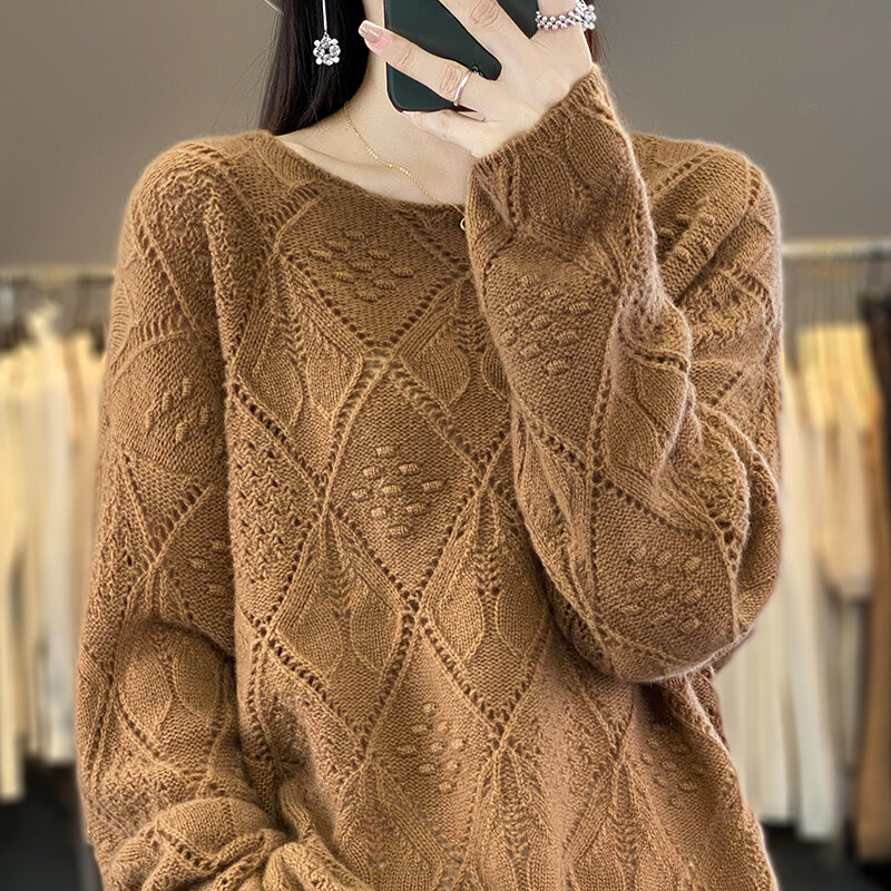 100% sweter z czystej wełny kaszmirowej damski sweter z okrągłym dekoltem modny koreański, dzianinowy luksusowy sweter