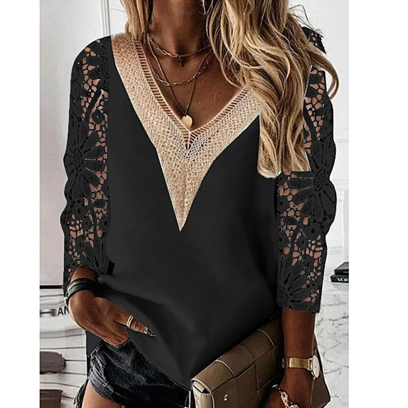 Fashion Hollow Lace Shirts Women Autumn Winter Elegant Office Lady Blouse Tops V-Neck Lace Sleeve Chiffon Pullover White Blouses