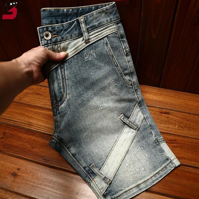 Wysokiej klasy spodenki jeansowe z lokomotywą dla Men2024Summer Fashion personal z łączonych materiałów Casual Stretch Retro przycięte spodnie
