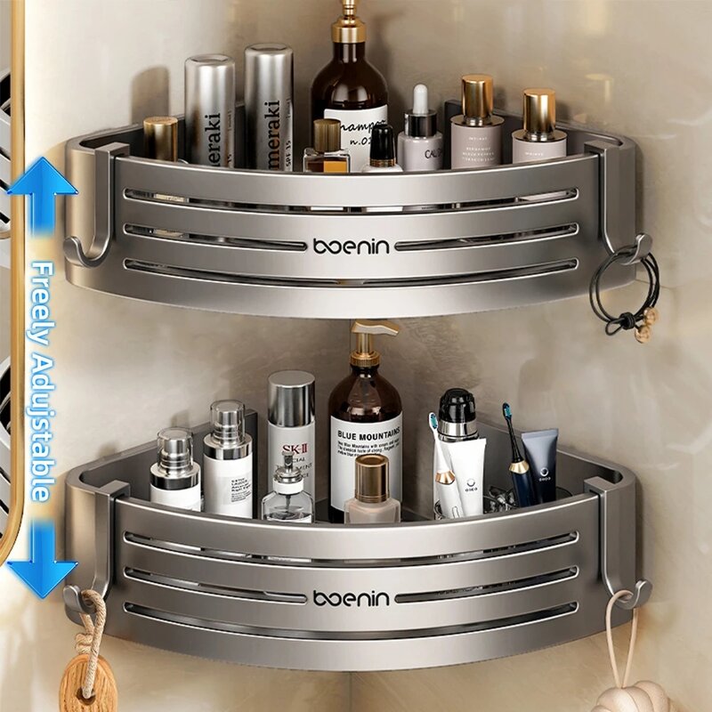 Wall Mounted Bathroom Shelves Shower Corner Shelf with Towel Bar Hook Space Aluminum Shampoo Holder Kitchen Organizer Rack