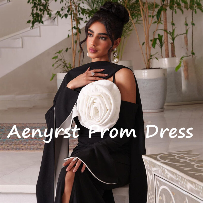 Aenyrst Black 3D Flowers Long Sleeves Evening Dresses With Scarf Mermaid Split Prom Dress Ankle Length Dinner Occasion Gowns