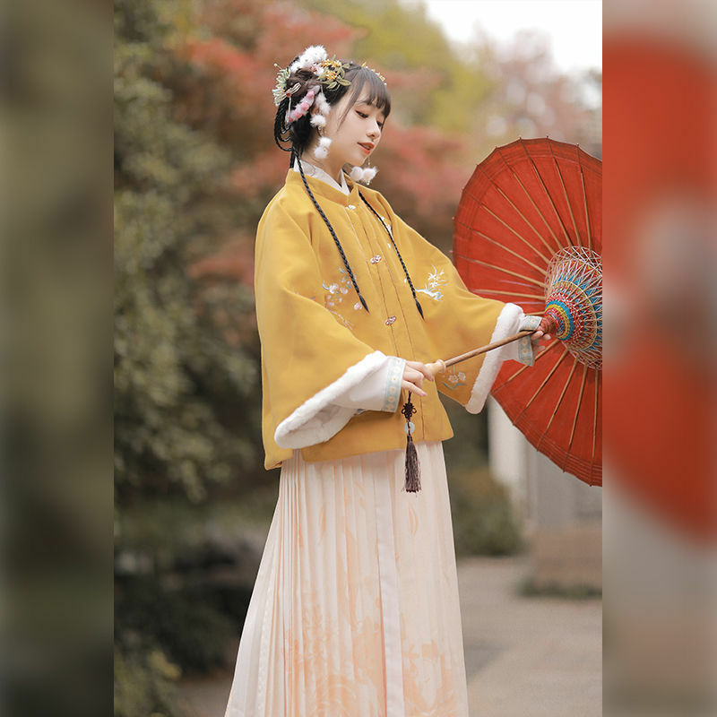 2023 Herbst Winter traditionelle chinesische Ming Dynastie Hanfu Frauen Blumen stickerei Kleidung Set Mädchen Neujahr Fee Kleider