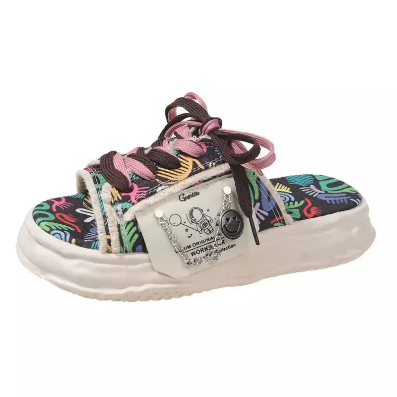Damskie pantofle z Graffiti modne letnie buty na platformie klapki klapki uliczne sandały zatykają płaskie obuwie Casual dla kobiet