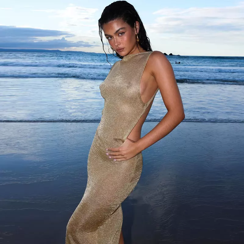 Dzianinowa bez rękawów bez pleców solidna rozcięcie Sexy prześliczna sukienka Maxi letnia moda damska Y2K Clothes Beach Festival