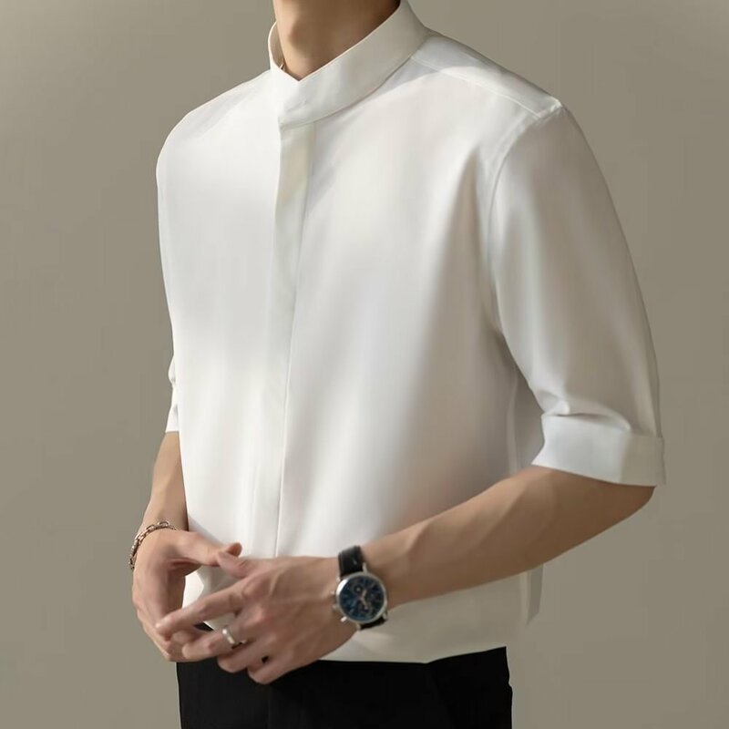 Летняя тонкая мужская рубашка из вискозы с воротником-стойкой и коротким рукавом, новинка, деловая Повседневная приталенная рубашка в китайском стиле с пуговицами и рукавом до локтя