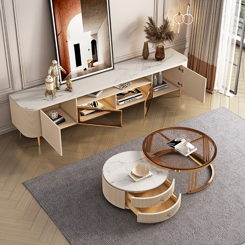 لوحة حجرية طاولة الشاي المستديرة وحدة خزانة التلفزيون ما بعد الحداثة بسيطة غرفة المعيشة شقة صغيرة عالية الطابق خزانة 2021 جديد
