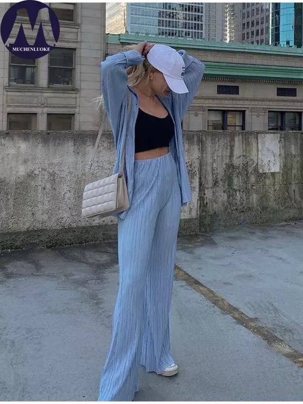 Two Piece Set for Women Spring Autumn New Casual Motion Long Sleeve Shirt Top Set Fashion Loose Elastic Waist Wide-leg Pant Sets