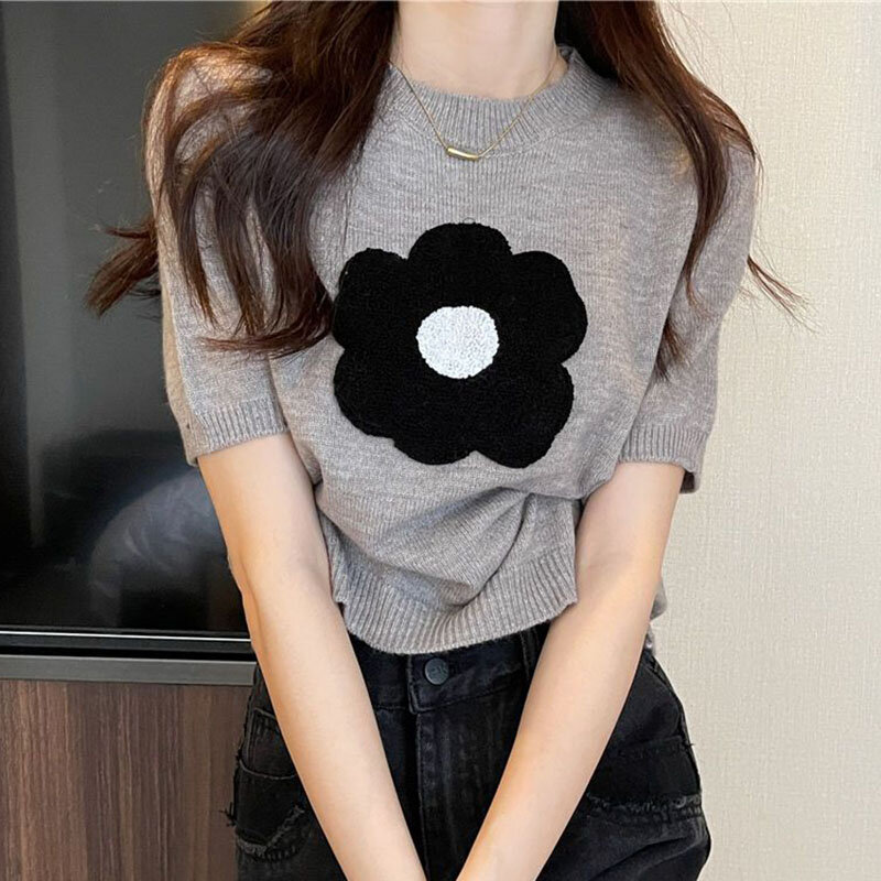 T-shirt en tricot à manches courtes pour femmes, t-shirts tricotés à col rond, pull décontracté, mode coréenne florale, été