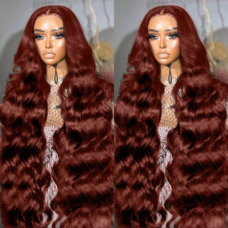 Perruque Lace Front Wig Body Wave Naturelle Brun Rousse, Cheveux Humains, 13x6 HD, 13x4, Couleur Rouge Foncé, pour Femme