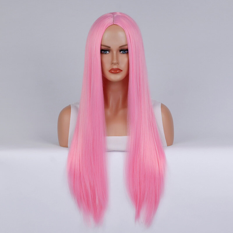 女性のための真ん中に別れのあるストレートコスプレウィッグ,長さ80cm,アニメ,金髪,合成かつら,ピンクと赤,耐熱性の髪