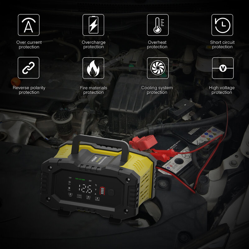 FOXSUR pengisi daya baterai mobil portabel 12V 24V, baterai asam timbal untuk truk sepeda motor Lifepo4 dengan perbaikan denyut otomatis
