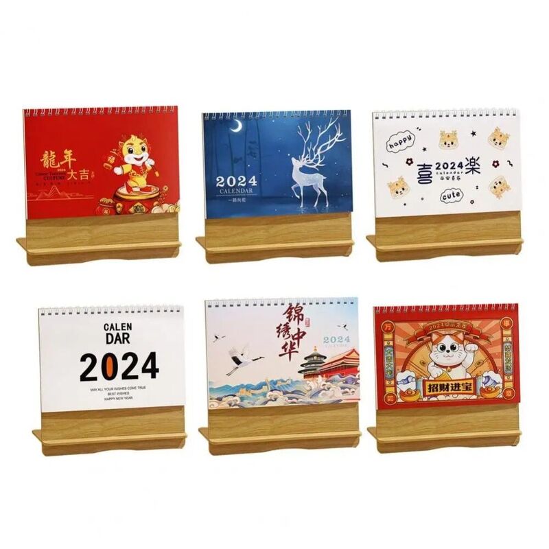 Paper Craft Dragon Year Calendar With Date Handmade 2024 Desk Calendar Wooden Base Wooden Holder Calendar Office