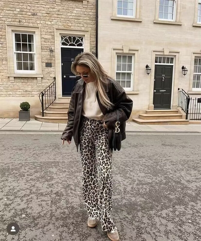 KEYANKETIAN 2024 New Launch Women's Leopard Print Straight-leg Pants Retro style Zipper High waist Thin Long Trousers Female