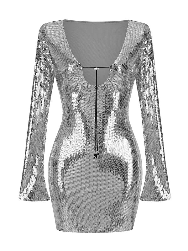 Sexy nuevo en lentejuelas de lujo Draw String Metal cuello en V manga larga Bodycon Mini vestido elegante fiesta noche Club vestidos 2023