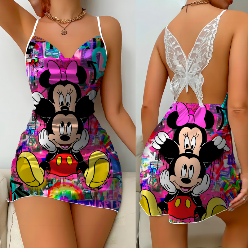 Disney-Mini vestido feminino de superfície de cetim, pijama laço, saia Mickey Minnie Mouse, vestidos de festa elegantes, moda feminina, verão, 2024