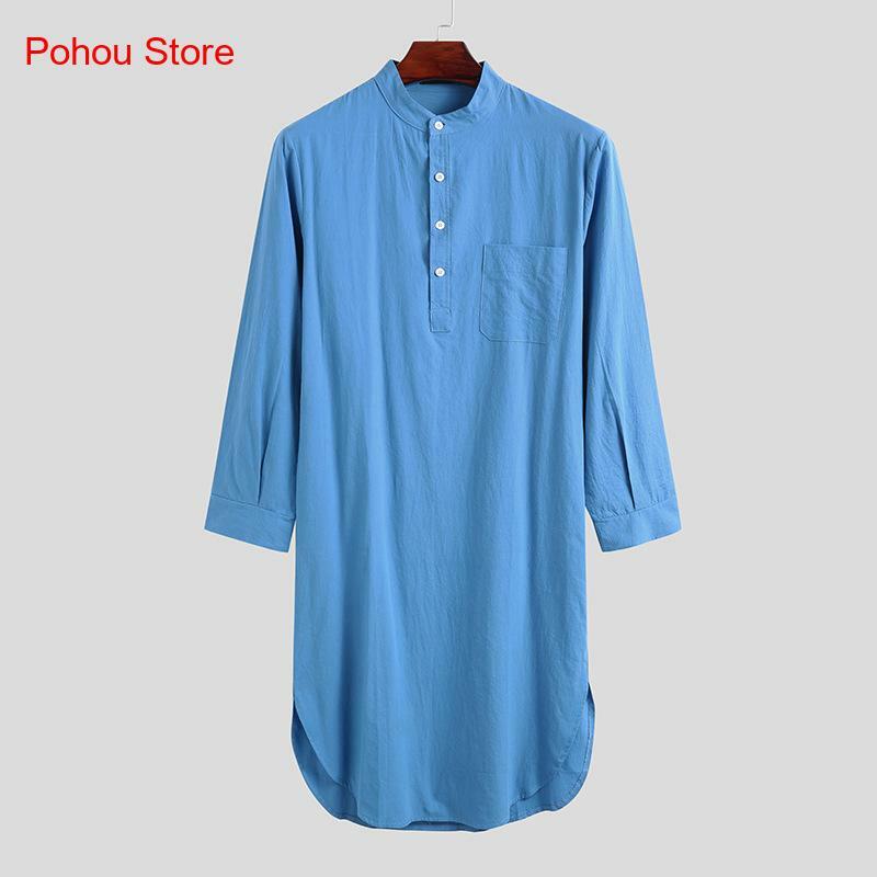 Camisón árabe musulmán de manga larga para hombre, camisa de Color sólido con botones, bata larga, primavera y otoño
