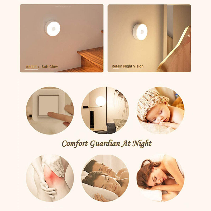 LED Night Light com Sensor de Movimento, Ímã Ativado, Cozinha Quarto Closet WC Banheiro Escada Armário, 3 Pacotes