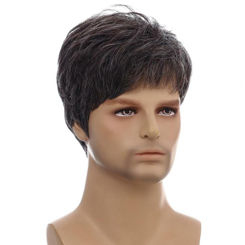 Wig pria pendek pria, Wig abu-abu berlapis rambut alami pria remaja bergelombang hitam coklat rambut sintetis Wig sintetis untuk pria