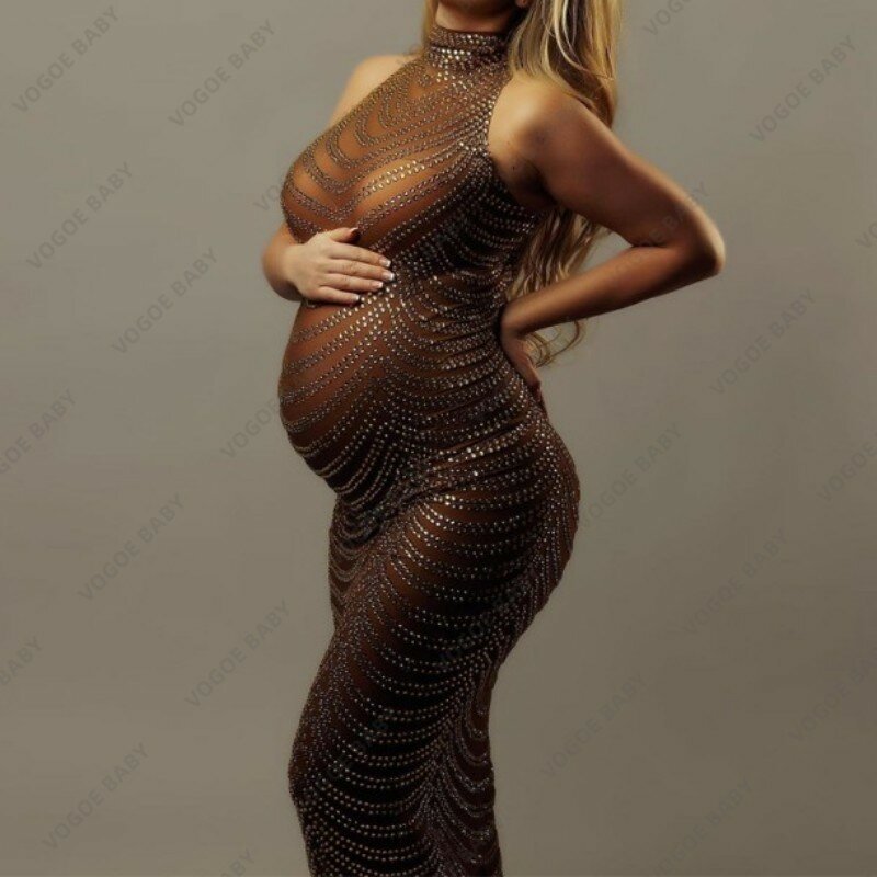 Fotografia ciążowa suknia Baby Shower Dress Sexy Shiny Rhinestone bogini body kobieta w ciąży sesja zdjęciowa rekwizyty