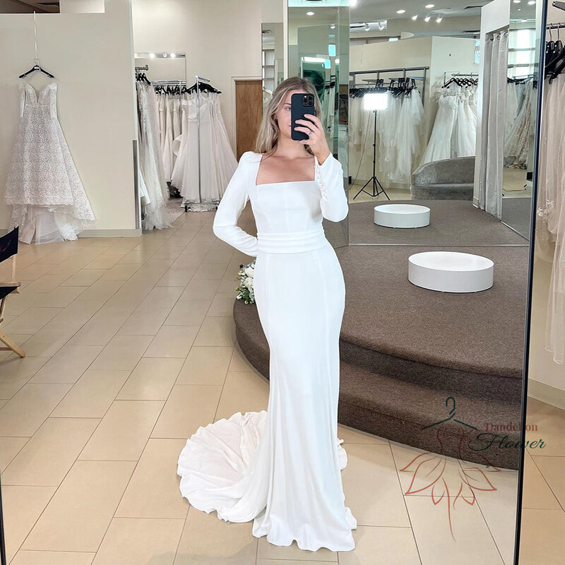 Elegant Wedding Dress For Bride 2023 Square Collar Full Sleeves Bride Gowns Simple  Jersey Mermaid Sweep Train Vestido De Noiva