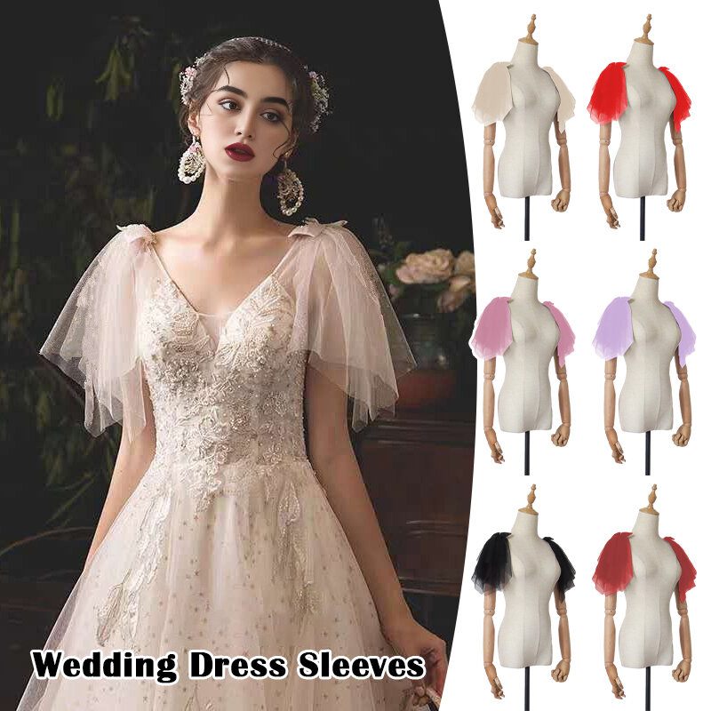 Womens Detachable Short  Flare Sleeves Lace Tulle Detachable Sleeves For Wedding Romantic Wedding Party Arm Bowknot Sleeve