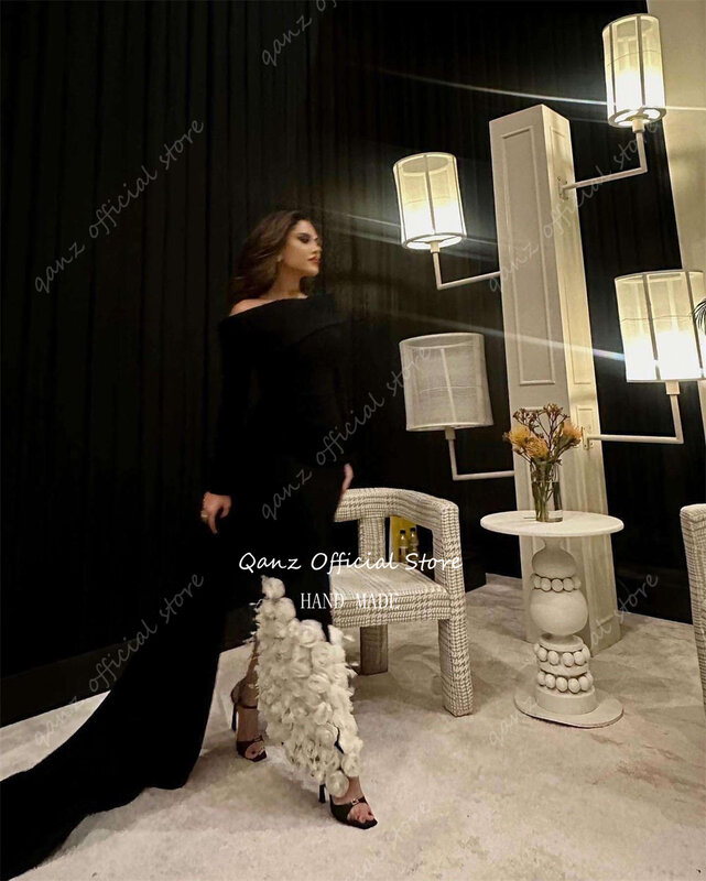 Qanz Luxe Saudi-Arabië Avondjurken Volle Mouwen Satijn Bloemen Formele Gelegenheid Voor Vrouwen Lange Trein Abendkleider Luxus 2024