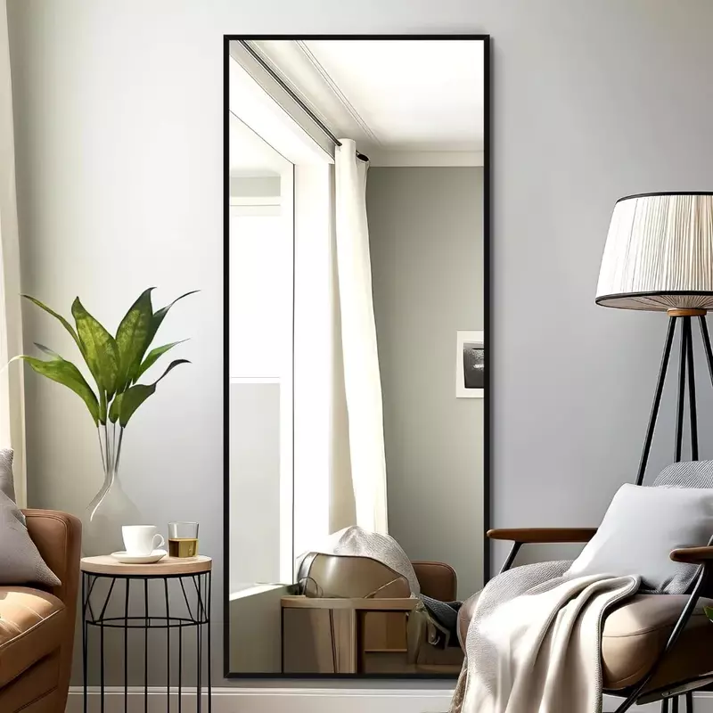 Duży prostokąt lustro do sypialni lustro podłogowe lustro lustro montowane na ścianie, cienka oprawka ze stopu aluminium, czarny, 63 "x 20"