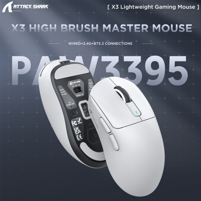 X3 PixArt PAW3395 Mouse Bluetooth Conexão Tri-Mode 2.4G, 26000dpi, 650IPS, 49g Mouse para jogos macro leve