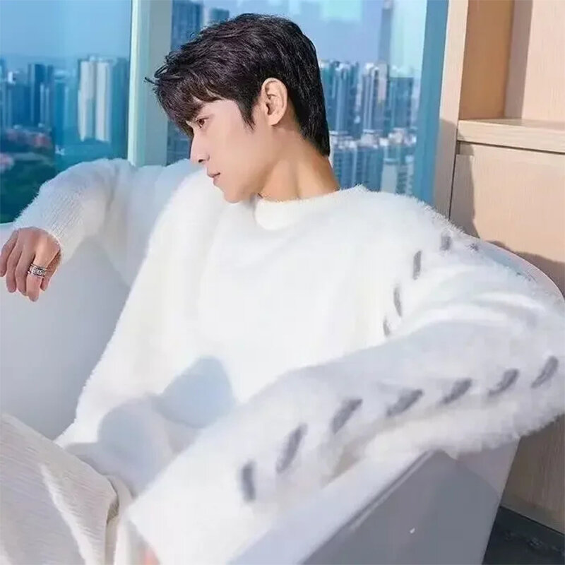Houzhou Fleece Truien Mannen Koreaans Dikker Warm Breien Herfst Winter Losse Casual Mohair Lange Mouw Pullovers Streetwear