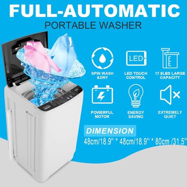 เครื่องซักผ้าแบบพกพา17.8Lbs nictemaw เครื่องซักผ้าแบบพกพา2.3ระบบล้างทำความสะอาดและเครื่องอบผ้าแบบรวมกับปั๊มระบายน้ำ10โปรแกรม
