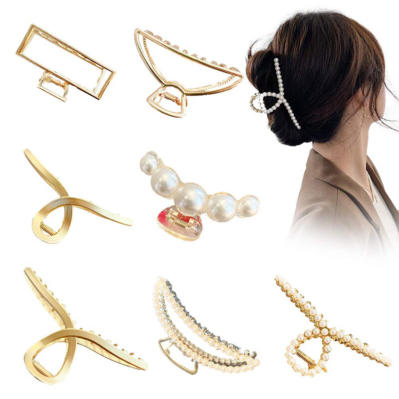 ncmama Fashion Metal Pearl Hair Claw For Women Gold Color Crab Hair Clip Girls Elegant Geometric Hairpin Korean Hair Accessories